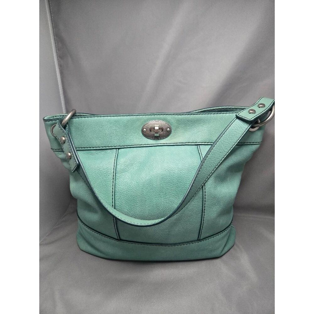 Y2K/Retro Revival Fossil Mint Teal Leather Shoulder Bag Purse Turn-lock Hardware